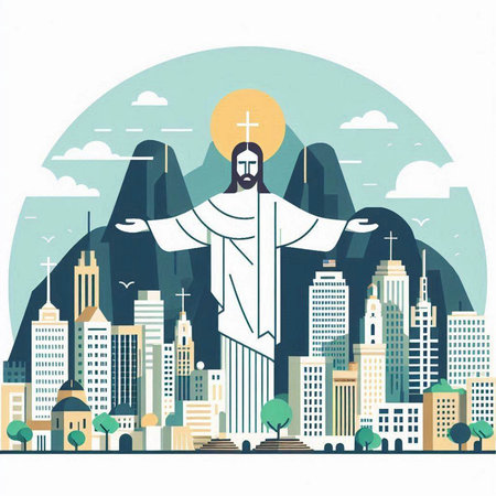 Jesus Christ on the background of the city. Vector illustration in flat styleのイラスト素材