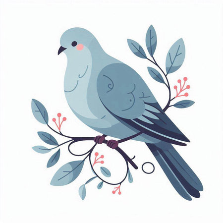 Hand drawn vector illustration of a cute blue pigeon sitting on a branch with flowers and leaves.のイラスト素材