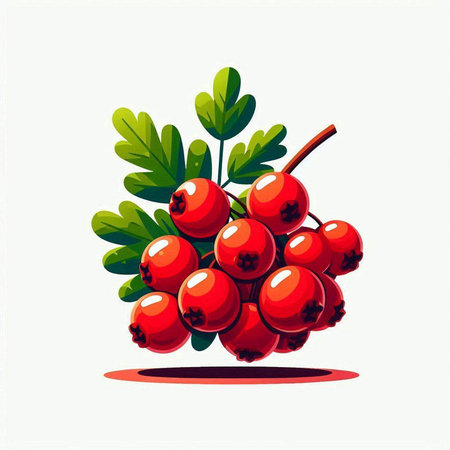 Red rowan berries with green leaves isolated on white background. Vector illustration.のイラスト素材