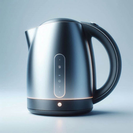 Modern electric kettle on a blue background. 3d render illustration.のイラスト素材