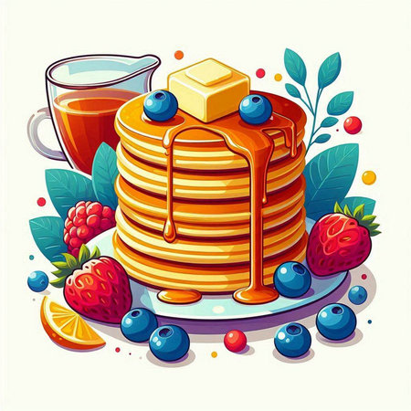 Vector illustration of a pile of pancakes with honey and berries on a plateのイラスト素材