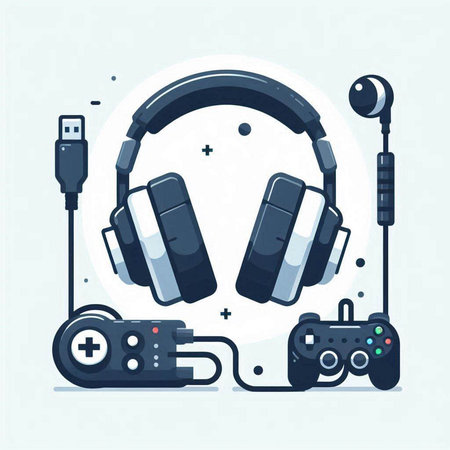 Headphones and gamepad, flat vector illustration. Headphones with a video game console.のイラスト素材