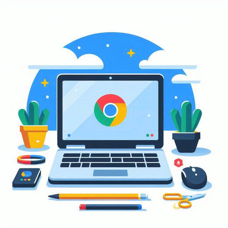 Laptop with a pie chart on the screen. Flat design vector illustration.のイラスト素材