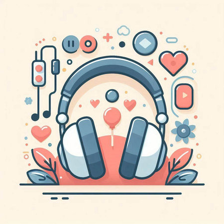 Vector illustration of headphones and hearts. Flat line art design for web, site, advertising, banner, poster, board and print.のイラスト素材
