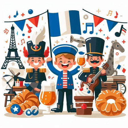 Happy children in costumes of the French national day. Vector illustration.のイラスト素材