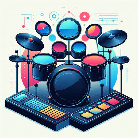 Musical instruments set, drum kit, synthesizer, synthesizer, cymbals and dj mixer. Vector illustration.のイラスト素材