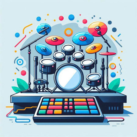Drum set with musical instruments. Vector illustration in cartoon style.のイラスト素材