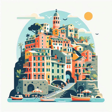 Cinque Terre, Italy. Colorful vector illustration in flat styleのイラスト素材