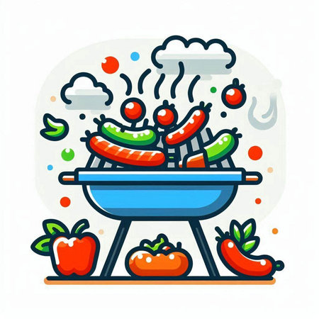 Barbecue grill with sausages and vegetables. Vector illustration.のイラスト素材