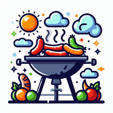 Barbecue grill with sausages and vegetables. Vector illustration.のイラスト素材