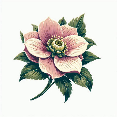 Illustration of a pink flower with green leaves on a white backgroundのイラスト素材