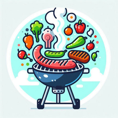 Vector illustration of barbecue grill with vegetables and meat on white background.のイラスト素材
