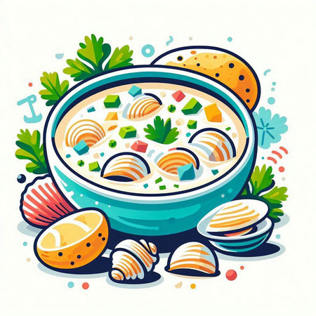Vector illustration of a bowl of seafood soup on a white background.のイラスト素材