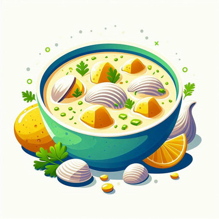 Illustration of a bowl of fish cream soup on a white backgroundのイラスト素材