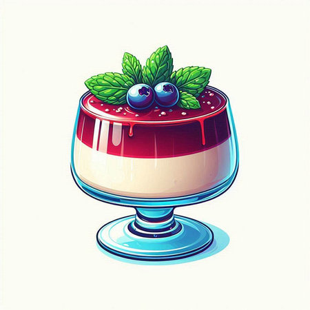 Panna cotta with blueberries and mint, vector illustration.のイラスト素材