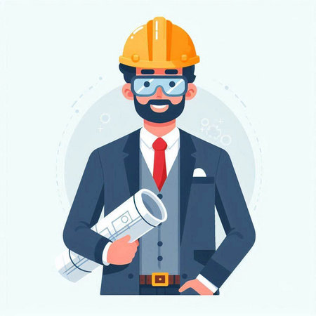Engineer in hardhat and glasses holding blueprint. Vector flat illustrationのイラスト素材