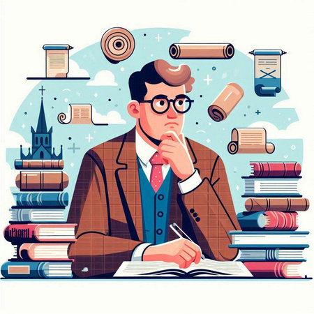 Vector illustration of a businessman sitting at his desk in front of books.のイラスト素材