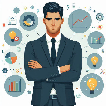 Businessman standing with crossed arms. Vector illustration in flat style.のイラスト素材