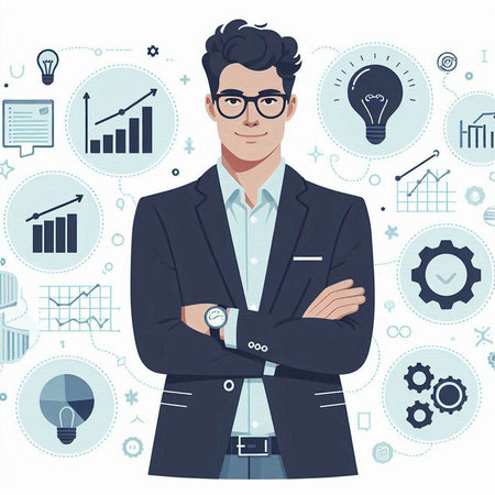 Businessman standing with his arms folded. Vector illustration in flat style.のイラスト素材