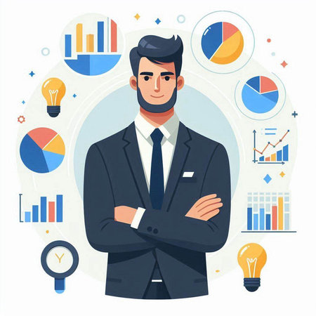 Businessman standing with crossed arms. Vector illustration in flat style.のイラスト素材