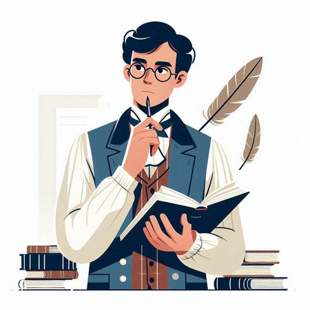 Vector illustration of a young man in a suit reading a book.のイラスト素材