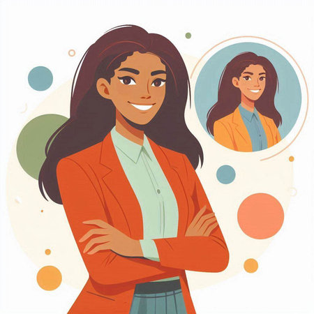 Vector illustration of a young businesswoman standing with her arms crossed.のイラスト素材