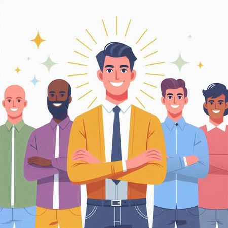 Group of smiling men standing with crossed arms. Vector illustration in cartoon styleのイラスト素材