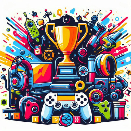 Cartoon Colorful Illustration of Gaming Elements. Vector Illustrationのイラスト素材