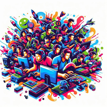 Group of people playing computer games. Vector illustration in cartoon style.のイラスト素材
