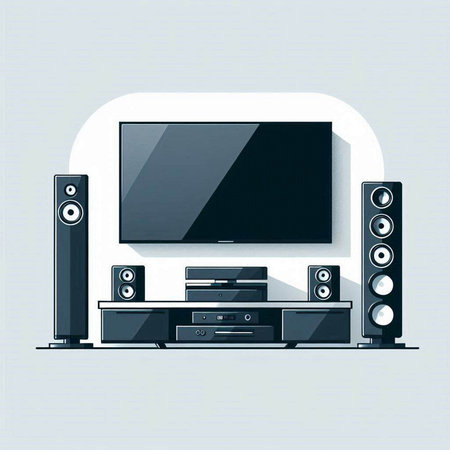 Home theater with a television on the wall and speakers. Vector illustration.のイラスト素材