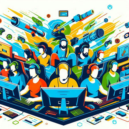 Vector illustration of a group of people playing video games on a computer.のイラスト素材