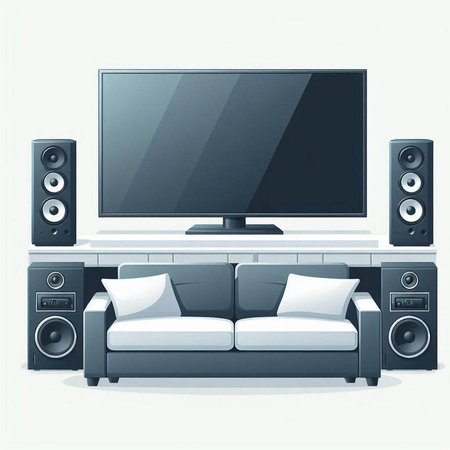 Home theater with a sofa and speakers. Illustration on white background.のイラスト素材