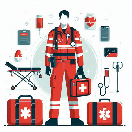 Vector illustration of a medical worker in a medical uniform with equipment.のイラスト素材