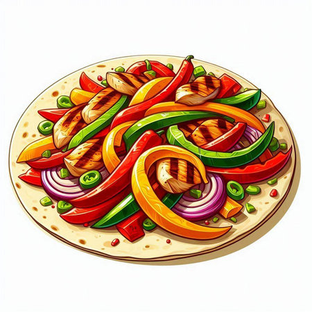 Illustration of a pizza with meat and vegetables on a white backgroundのイラスト素材