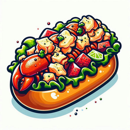 Illustration of a hot dog with crab and vegetables on a white backgroundのイラスト素材
