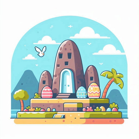 Vector illustration of a cute cartoon house with eggs on the island.のイラスト素材
