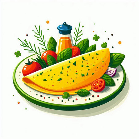 Omelette with herbs and spices on a white background. Vector illustration.のイラスト素材