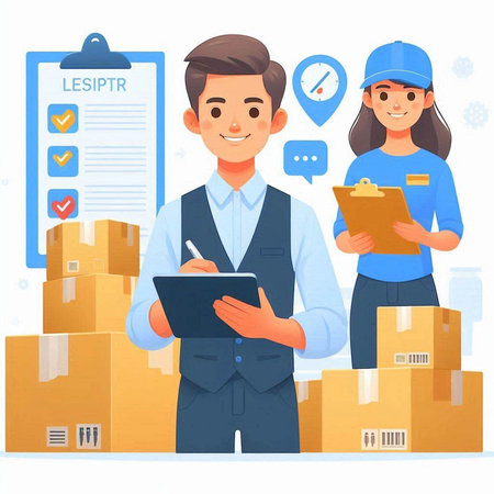 Delivery man and woman with boxes and clipboard. Vector illustration in cartoon styleのイラスト素材