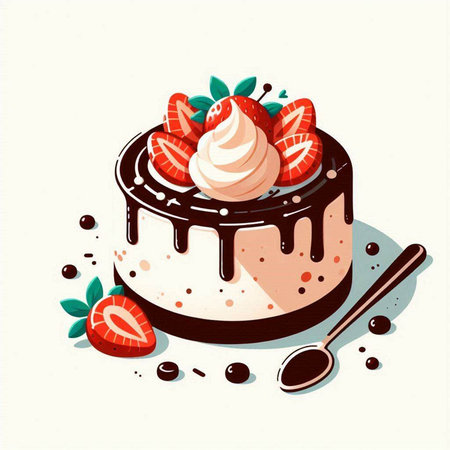 Piece of cake with strawberries and whipped cream. Vector illustration.のイラスト素材