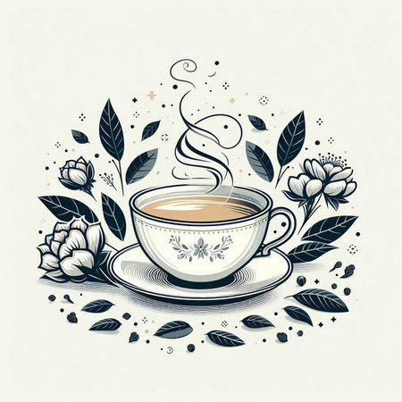 Cup of tea with floral ornament. Hand drawn vector illustration.のイラスト素材