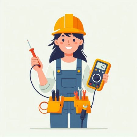 Female electrician with a multimeter and tools. Vector illustration in cartoon style.のイラスト素材