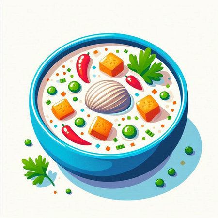 Illustration of a bowl of soup with vegetables on a white backgroundのイラスト素材