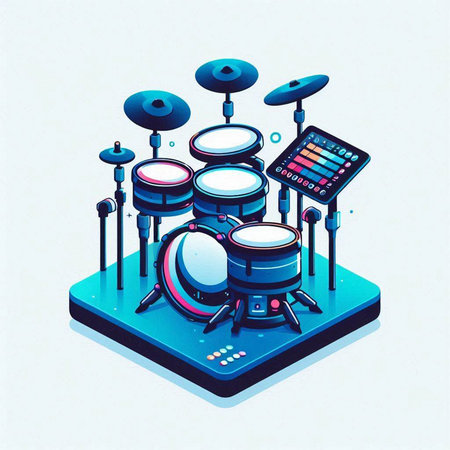 Drum set on a blue isometric background. 3D vector illustration.のイラスト素材