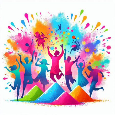 Colorful holi background with silhouettes of dancing people. Vector illustration.のイラスト素材
