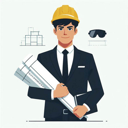 Architect in hardhat with plans. Vector illustration in cartoon styleのイラスト素材