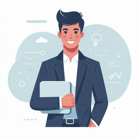 Businessman with laptop. Vector illustration in a flat cartoon style.のイラスト素材