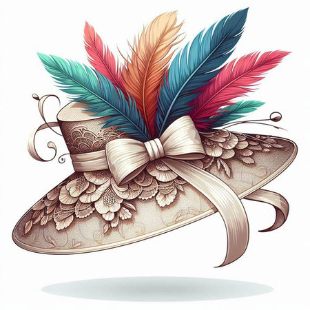 Vintage hat with feathers and bow on white background. Vector illustration.のイラスト素材