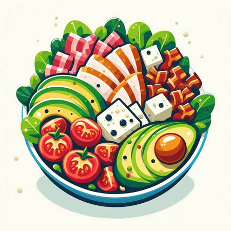 Vegetarian salad with avocado, tomatoes, cheese and olives. Vector illustration.のイラスト素材