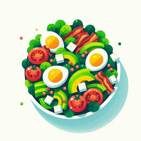 Salad with avocado, eggs, tomato, cucumber and cheese. Vector illustration.のイラスト素材