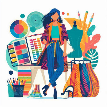 Fashion designer woman working at her office. Vector illustration in flat styleのイラスト素材